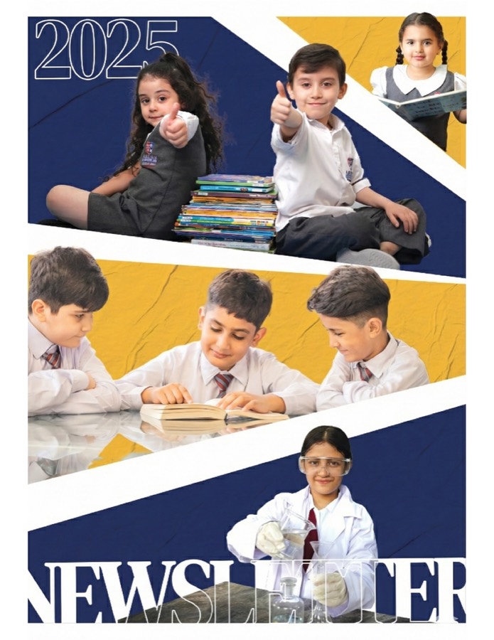 Cover of the American Lyceum Muscat 2025 newsletter, showing pupils reading, working in a science lab and holding a stack of books